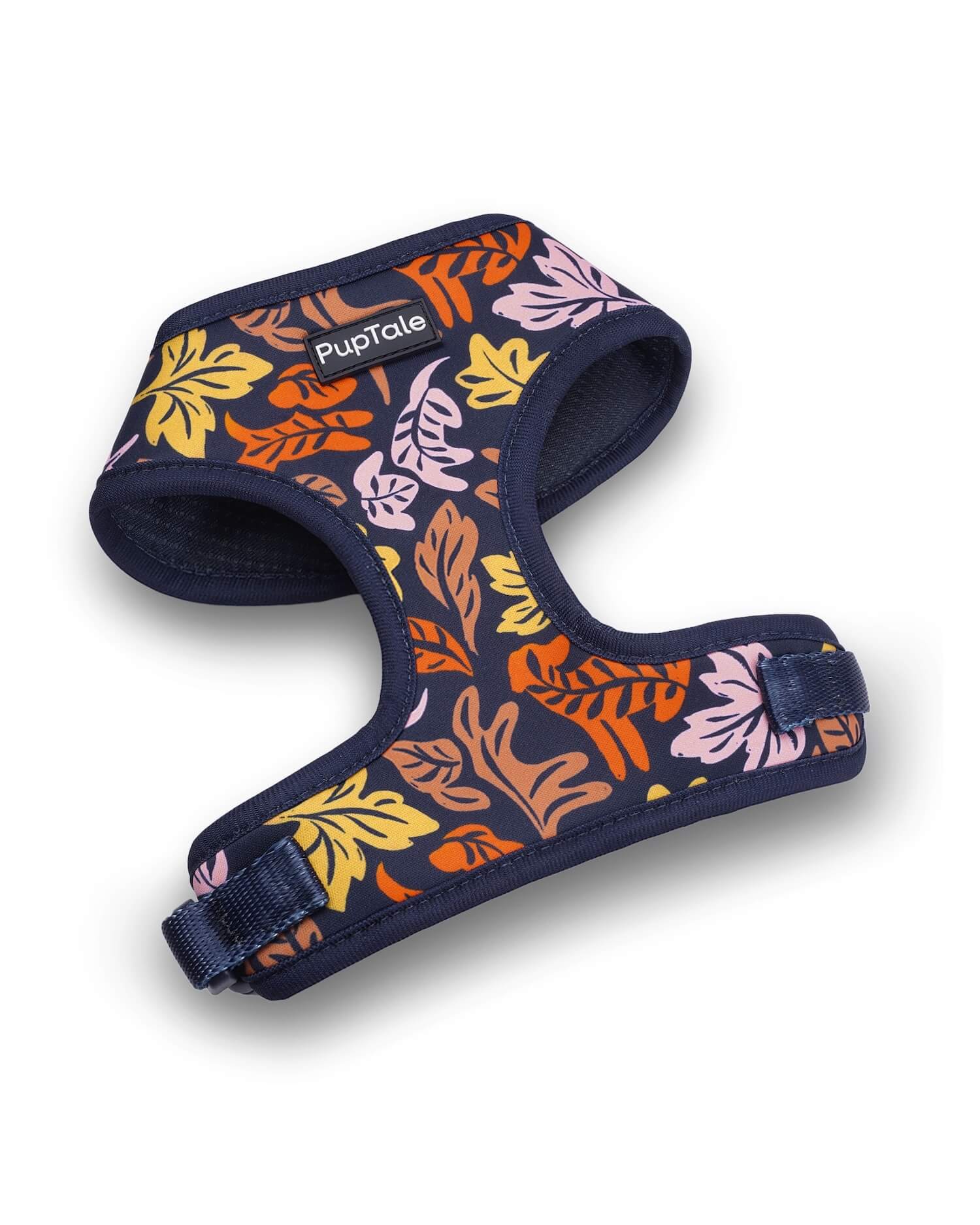 Adjustable dog harness with a fall leaf pattern in blue and pink colors