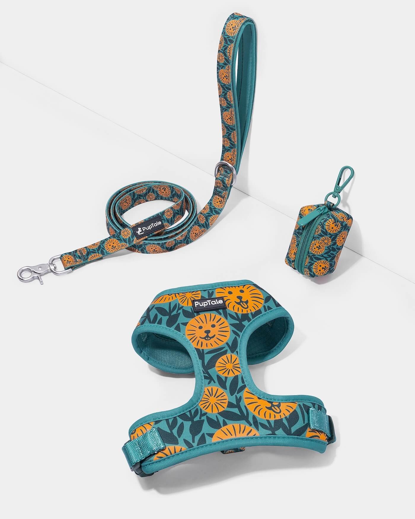 A dog harness and leash set in green and yellow sunflower pattern