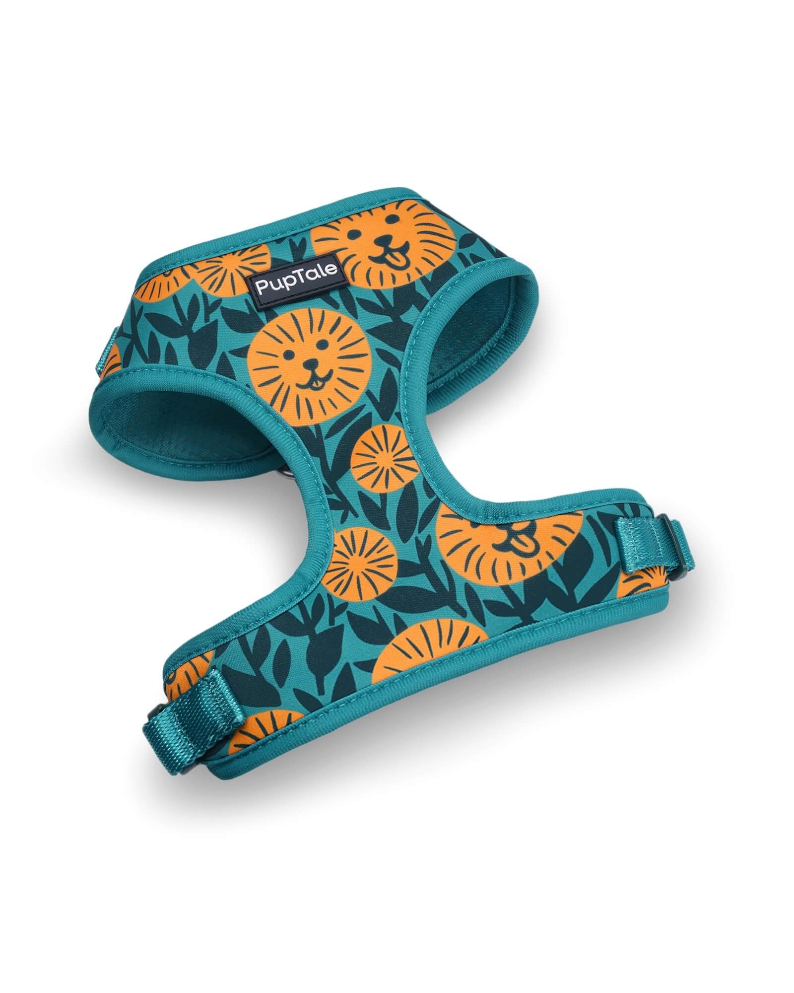 Adjustable dog harness with a green and yellow sunflower pattern.
