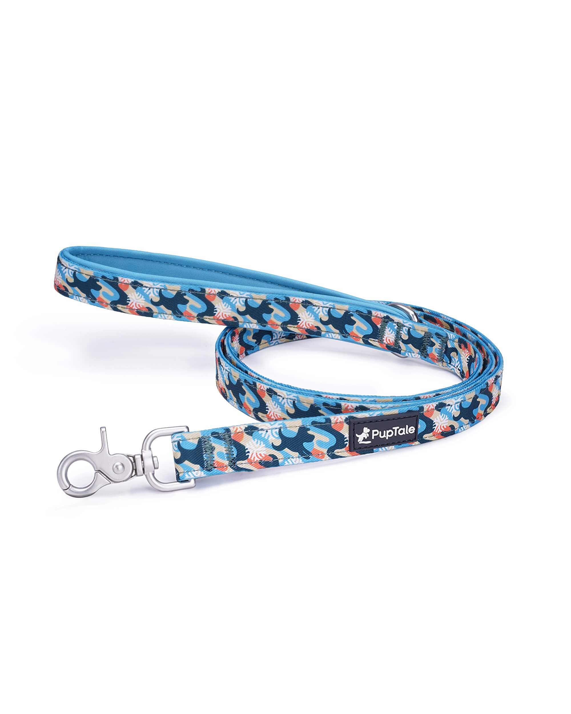 A Blue and Orange Snowflake patterned dog leash with a cushioned handle and reinforced hardware.