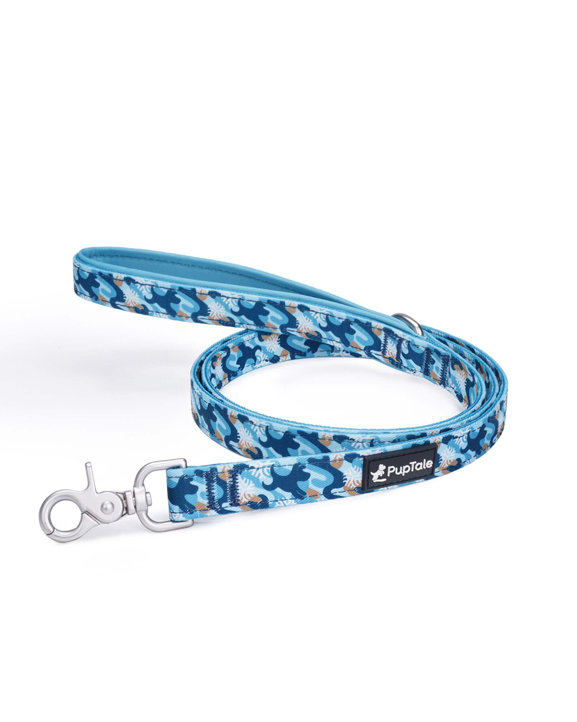 A blue and brown snowflake pattern dog leash with a padded handle and a zinc alloy hook.
