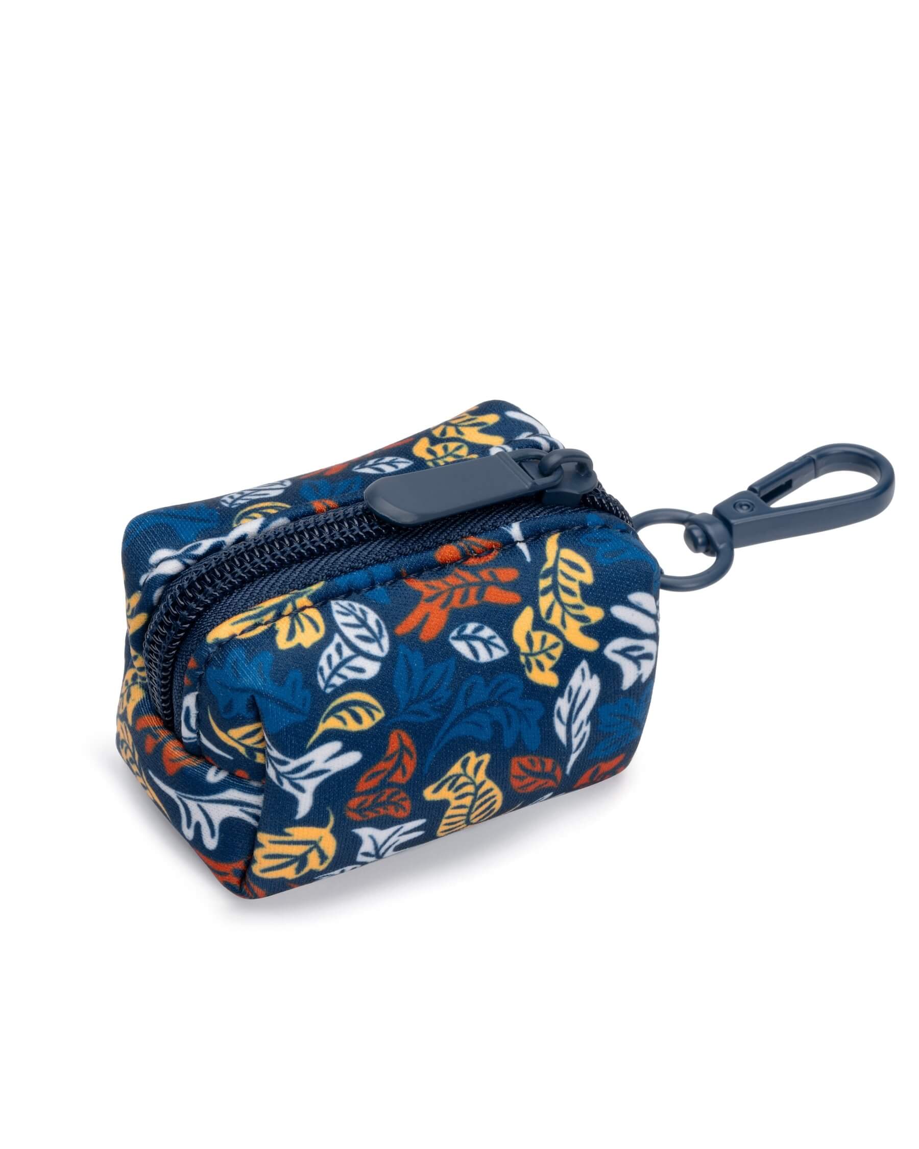 A blue and amber colored dog poop bag holder with a leaf pattern and a clip for attaching to a leash.