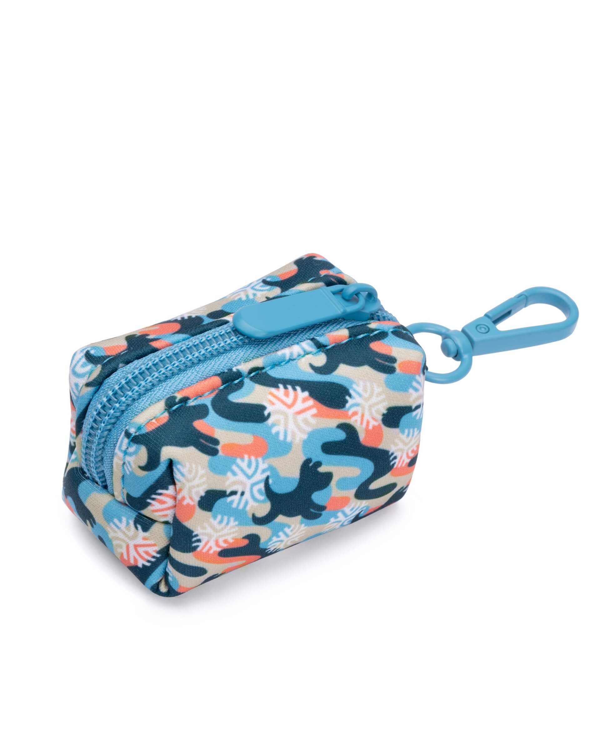 A blue and orange camouflage pattern dog poop bag holder with a zipper and a leash attachment.