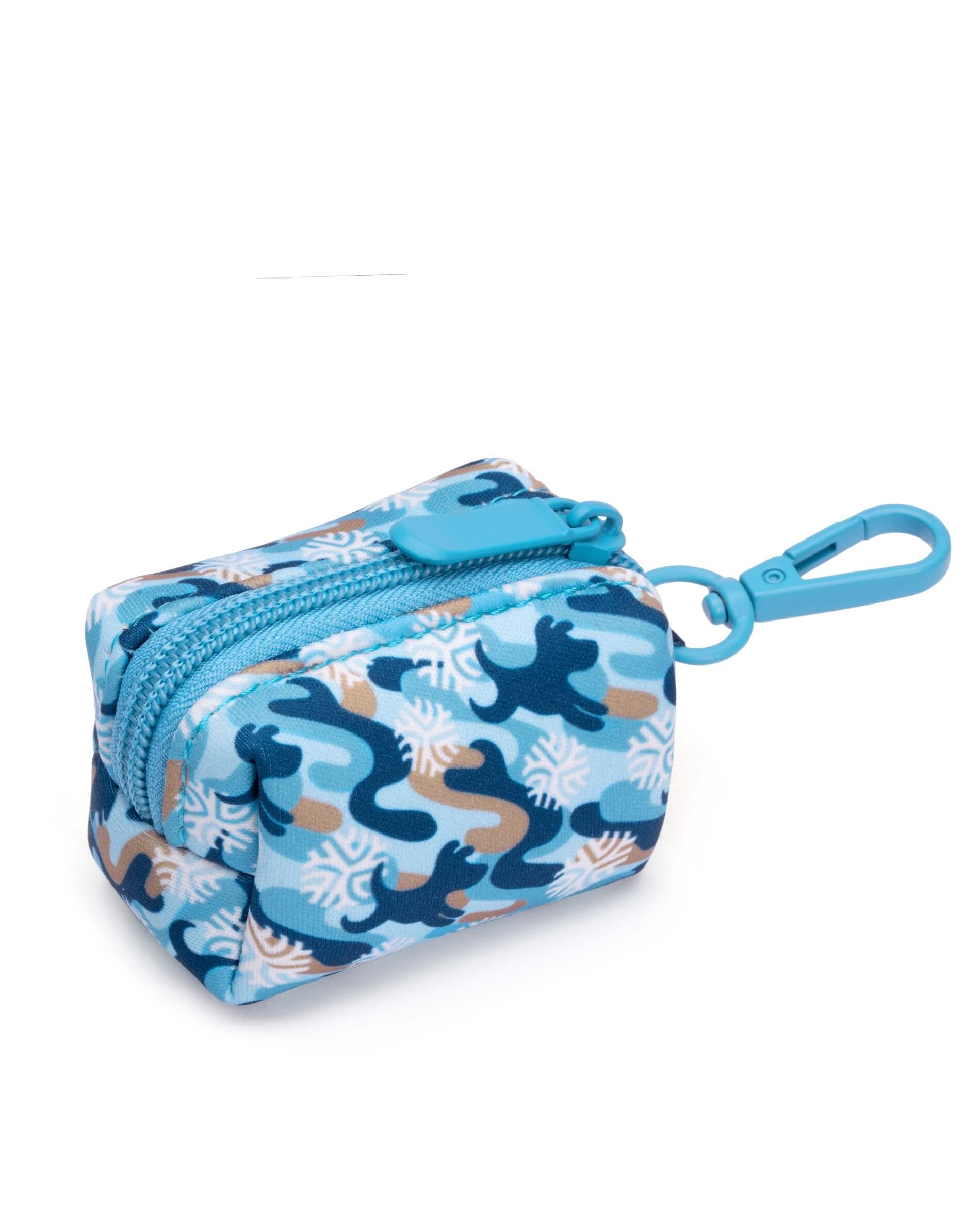 A neoprene dog poop bag holder with a snowflake pattern in blue and brown colors, featuring a clip for attaching to a leash.