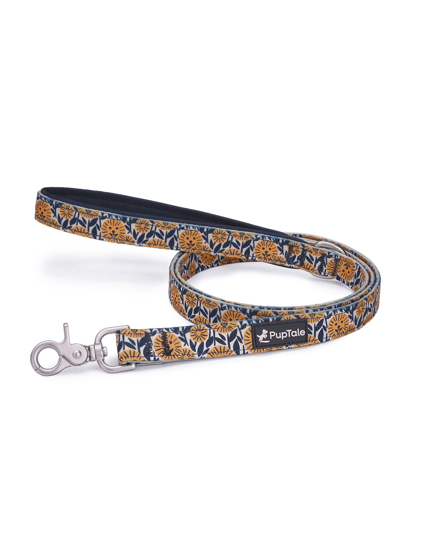 A blue and yellow dog leash with a sunflower pattern and a padded handle.